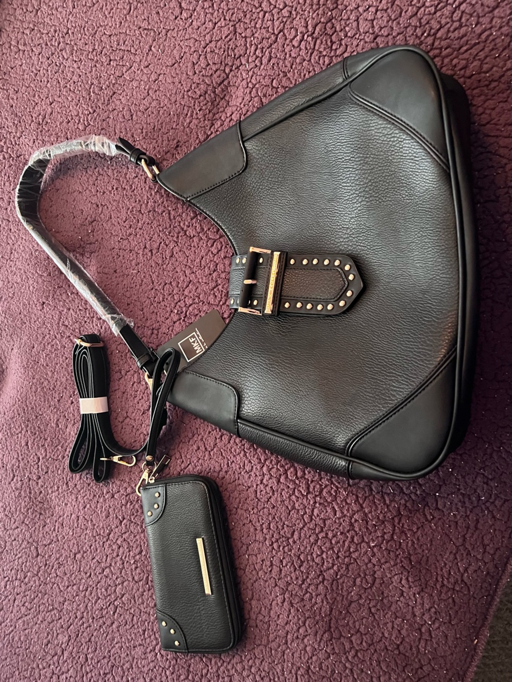 Black Pebbled Shoulder Hobo with Gold Stud Accents